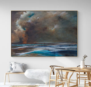 Colourful Abstract seascape in blue and ochre tones with highly textured colourful clouds.
