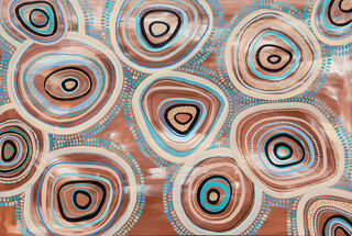 Depiction of generational Dreamtime stories told  through dots, lines, & symbols. 