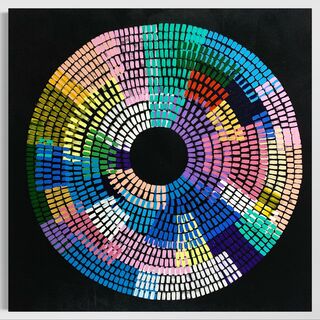 Circle shape on a black background, make up of small strokes of colour overlapping 