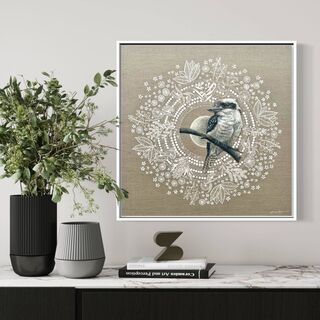 Kookaburra and the Moon surrounded in native and wild flowers on raw linen 