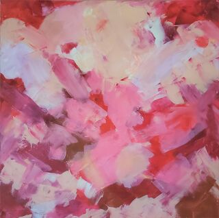 Broad strokes of differing colours and shades in red, pink, ivory, peach indicative of life through rose coloured glasses.