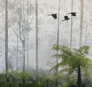 Three black cockatoos fly through a misty Australian bush setting with tree ferns and gum trees.