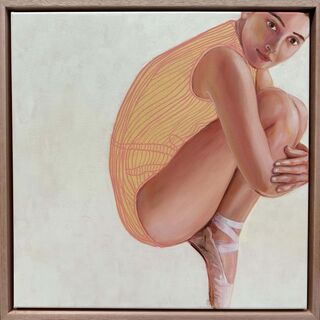 This square painting shows a young woman standing on the toe of her ballet shoe.