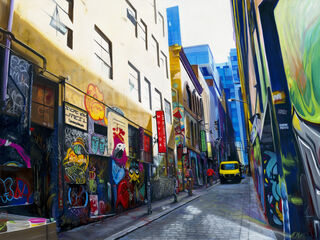 Capturing in oils the colours of the vibrant and iconic graffiti in Hosiers Lane in Melbourne.  I have wanted to capture the modern architecture of the city skyscrapers set against the older buildings of Hosier's Lane.  I chose to use the primary colours of red, blue, yellow and green to accentuate the colours of the graffiti, signs and people of Hosier's Lane.  I used the yellow van as the main focal point with the lines of the architecture merging into this point.  The white of the light on the buildings and the foreground of the lane aim to contrast and magnify the colours of the graffiti.  I also depicted people in the lane way merging them into the colours of the artwork.  The light on the pathway also highlights the colours of refracted light from the buildings.  This is a painting which captures a moment in Hosiers Lane and the unique and bright colours associated with this iconic Melbourne lane.