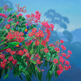 Colourful Lorikeet parrots among red flowering gumblossoms in a Blue Mountains landscape context.