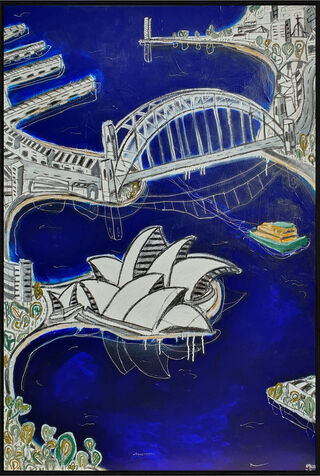 abstract landscape of sydney harbour featuring the harbour bridge and, a ferry and the opera house made with bright blue and black and white paint.