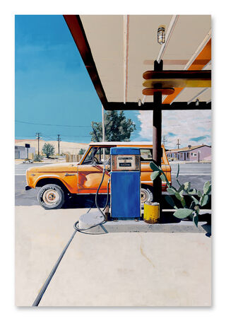 orange ford bronco parked at a gas station with a blue pump