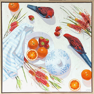 original
oil
painting featuring crimson rosellas on a table with shadows, blood oranges, hakea