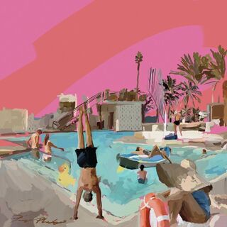 Semi abstract pool with people and pink sky 
