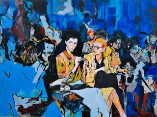 Elegant women sitting in the front row of a fashion show  
Acrylic painting