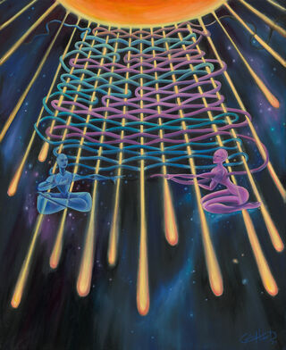 In this piece, rays of comet-like-light radiate from a celestial orb. Two figures sit on opposite sides of the light rays, each weaving their own ribbon of thread between the beams. Weaving a relationship is about reciprocity and the tapestry two people create over a history of exchanges.