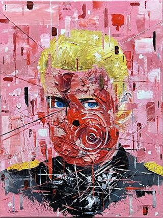 Bright, colourful and textured expressionist portrait of a man against a pink background. Patches of colours.