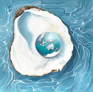 An oyster shell floats over water with a globe of the world where the pearl would be