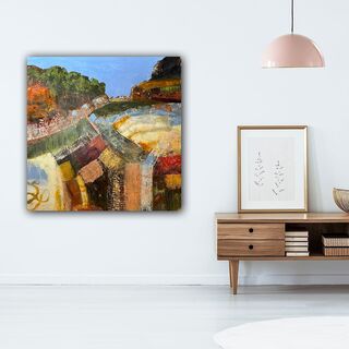 Very abstracted view of an outback scene. It can be recognised as trees and grasses against and rock face and sky, with the foreground more abstracted with shapes and colours varying to depict a gully or gorge, or dry creek bed. 