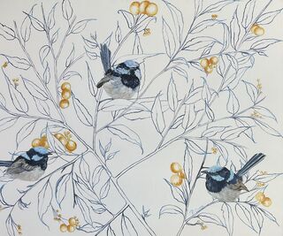 3 little blue wrens painted and branches and leaves left to look sketched .