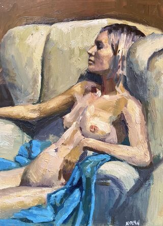 This is an oil painting of a female nude seated comfortably in a light coloured armchair with light blue drapery