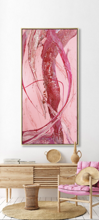 ABSTRACT painting of flowing colours: golds, light golds, ochre, , pink, beige.
It has incredible depth while evoking a feeling of peace/
The closer you get to the painting the more of the interesting details and patterns you can see. Metallics add an extra depth because the painting changes personality when one views from different angles. the background is a strong deep pink which makes the vibrant colours even more vibrant