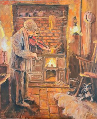 Old man standing in front of coal range in lamp light playing the violin for his dog