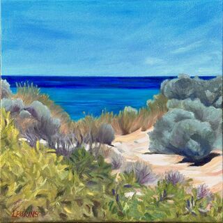 The foreground is sandy dune vegetation and behind this is the view of the turquoise to deep blue  sea at West Beach. The sky is the top third and is has some wispiness indicating clouds