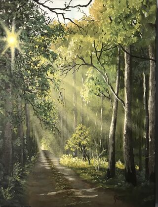 As you can see light plays a big part in this painting. The sunlit opening is enticing you down the path to see and feel the beauty of the Australian bush. Eucalyptus trees line the track and hide so many birds in their foliage. Feel all your senses  of smell, sound and sight come to life.