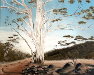 The image is a painting of a gum tree in the Australian outback. The tree is depicted without any leaves, and the sky is visible in the background. It represents a typical outback landscape with a focus on the Eucalyptus tree.
