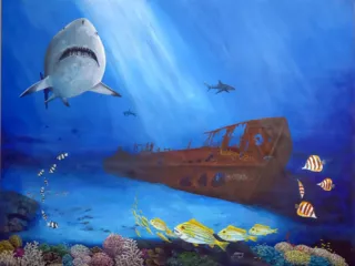 Realistic painting of an imagined Shipwreck 36"x48" ready to hang. Sharks circle along with colourful fish of the Great Barrier Reef