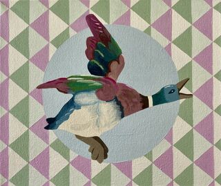 A plaster duck wall figurine flying across a tessellated pattern sky and a blue circle background 