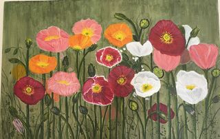 The poppies are the main focus of this artwork  and the background and greenery are designed to be a subtle compliment which completes the overall effect.