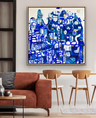 Large blue and white shape on a large square canvas, with small gold squares. Mainly white background with ultramarine blue shapes depicting trees and plants 