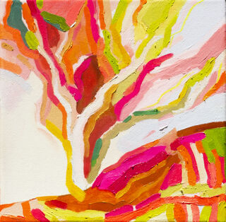 A gum tree on the hill made up of vibrant hot pink and orange brush strokes.  