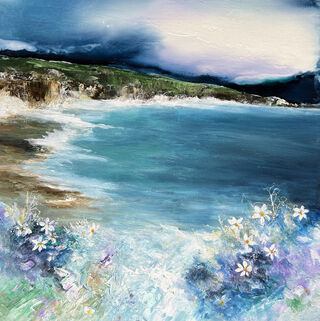 A sultry dark sky broods over a windswept beach with some flowers .......