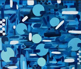 Blue and white acrylic paint and inks on canvs