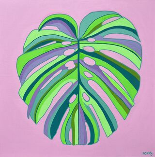 Large single Monstera leaf in bright colours on a pink background.