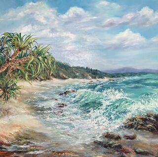 Square seascape, crashing waves, pandanus palms, textured, rocks, big colourful clouds in sky. 