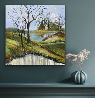 A wintry image with outlying farm buildings on the edge of a lake.  There is an olde world feel to this piece with its gentle colour and calming air. There are two pines standing guard over the barn and the edges of the lake on both sides are tall and spare of leaves. I love the feel of this piece and I hope you enjoy it too. 

The treatment of the scene elevates the piece to a modern take on an olde world, classic piece that has been given a fresh take. 