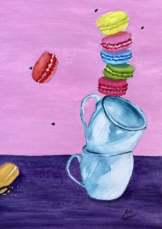 Balancing coffee cups & macarons on a table. 