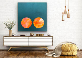 Orange circles with a dark teal base and negative space. 