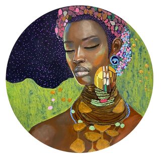 African woman adorned in jewels with klimt style patterns 