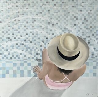 An image of a girl in a sun hat and pink swim suit sitting on the top step of a tiled pool 