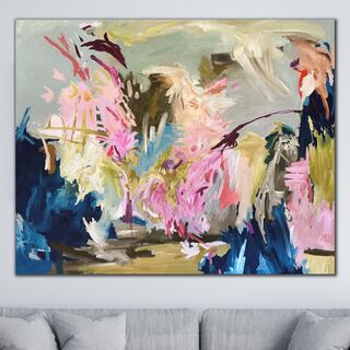 Large, colourful and energetic abstract painting in abstract expressionist style. Dominant colours being pink, blue and green in varying shades. 