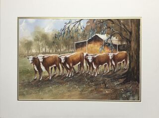 A farm yard with cows on the move to other pastures going past a distant hay shed with distant gum trees.   Browns and golds dominate the painting of this rural scene.   Size below is artwork only excluding the Dmt.    Total size including double mount is 68cmW  x 58 cm H