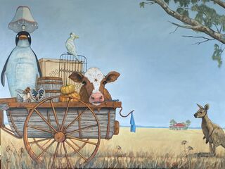 wagon  leaving the farm full of objects for sale at market farewelled by kangaroo, Australian landscape background with gum tree and blue hills