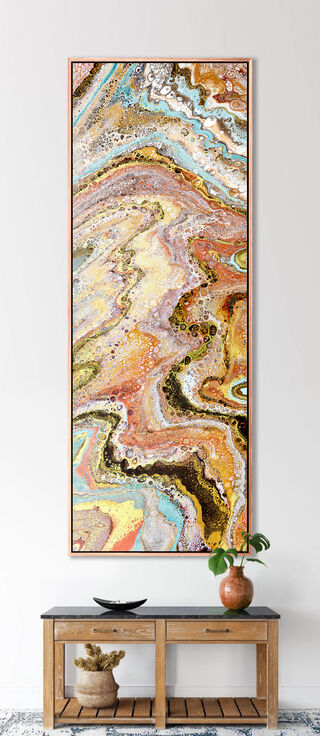 ABSTRACT painting of flowing colours: golds, light golds, ochre, chocolate, royal purple, pink, beige and cheeky hints of soft blue
.
It has incredible depth while evoking a feeling of peace/
The closer you get to the painting the more of the interesting details and patterns you can see. Metallics add an extra depth because the painting changes personality when one views from different angles.