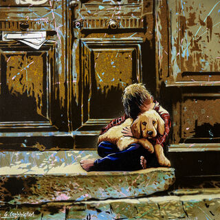 a boy sits on a door step hugging his dog