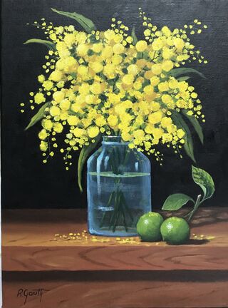 The  sun lite wattle flowers form an engaging centre focas against the dark background of the painting.