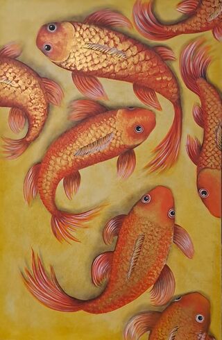 7 golden Koi fish swimming on the bottom of a pond