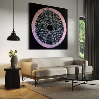 Folk black background, free hand pink swirl with over lapping white lines in circular shape on canvas 