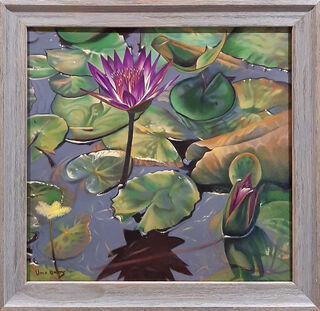 Hi everyone, here is a painting of a purple tropical water lily amongst the beautifully shaped richly green lily pads thriving in nature. It was a bonus to be able to capture the fascinating light on the day.  It comes with a  grey wooden frame to highlight this piece. Thank you so much for all your support. xxx     