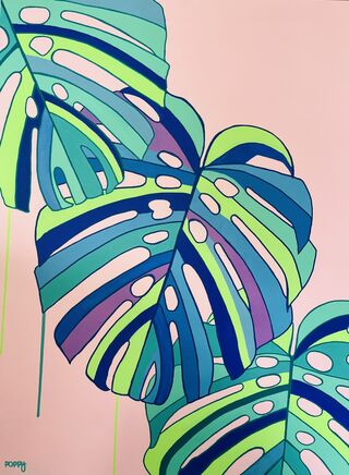 Three large Monstera leaves in bright colours on a pink background.