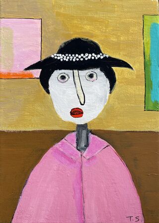 Portrait of a lady, naive style art. She is wearing a dark pink coat top and a black hat with a decoration of white pearls. Her face is pale white with a liking thin nose, red lips and wide black eyes. She has short black hair. She has a long thin. Eck. The bottom background half is dark brown and the top half is ochre yellow. There are glimpses of two paintings slightly showing, one on each side of the wall. 